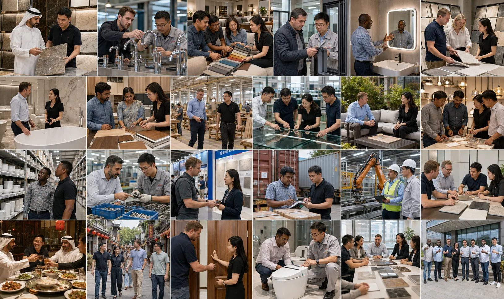 AI illustration: Middle Eastern buyers and Chinese factory staff comparing stone samples.