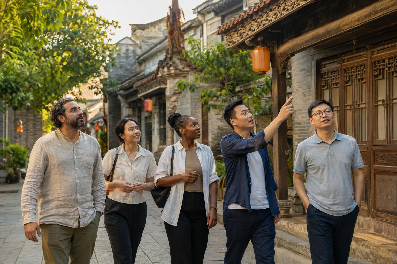 Illustrative scene of overseas visitors and Chinese hosts walking through a Lingnan-style traditional street.