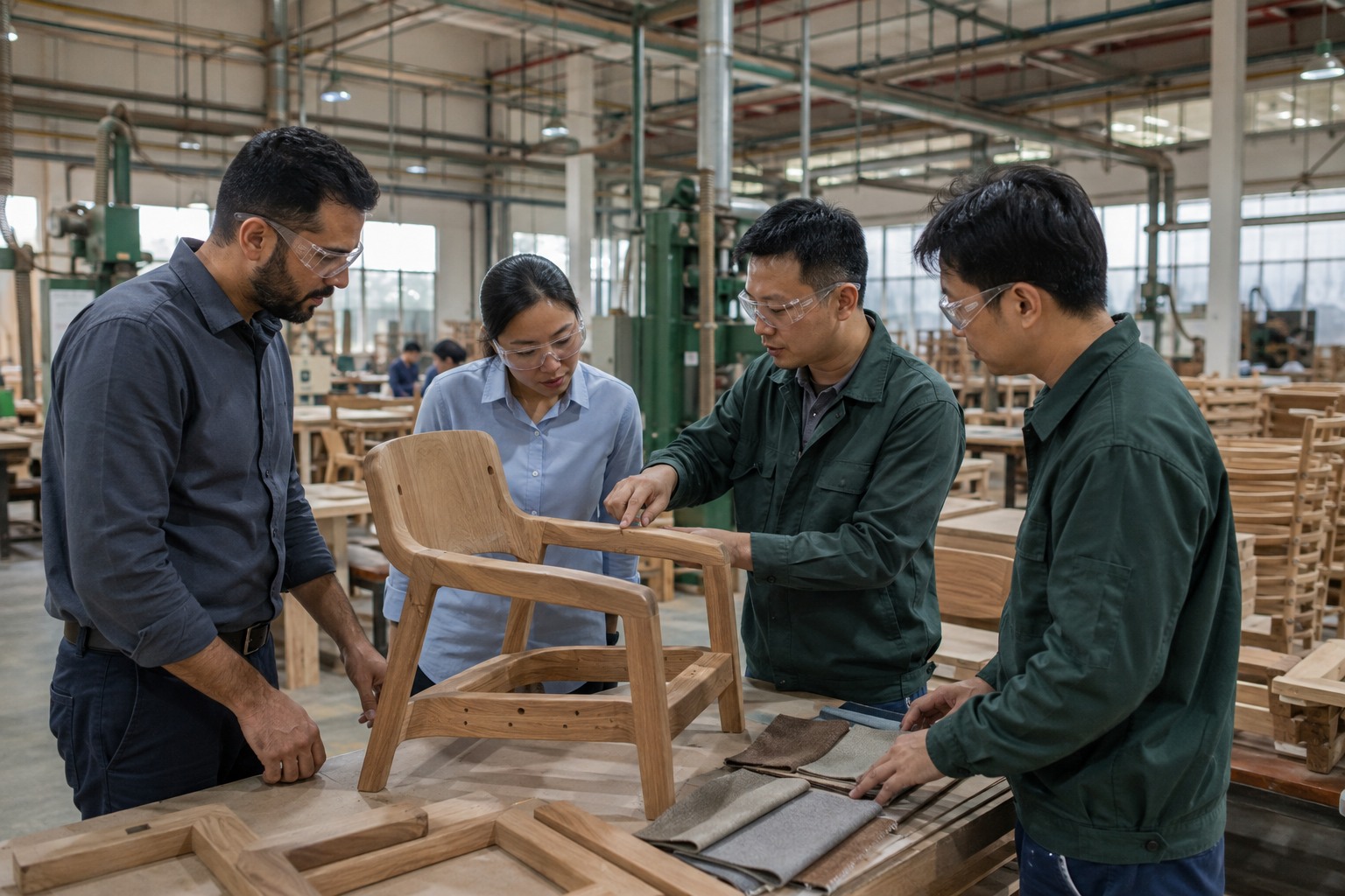Illustrative scene of an overseas purchasing team inspecting a wooden chair with Chinese factory staff.