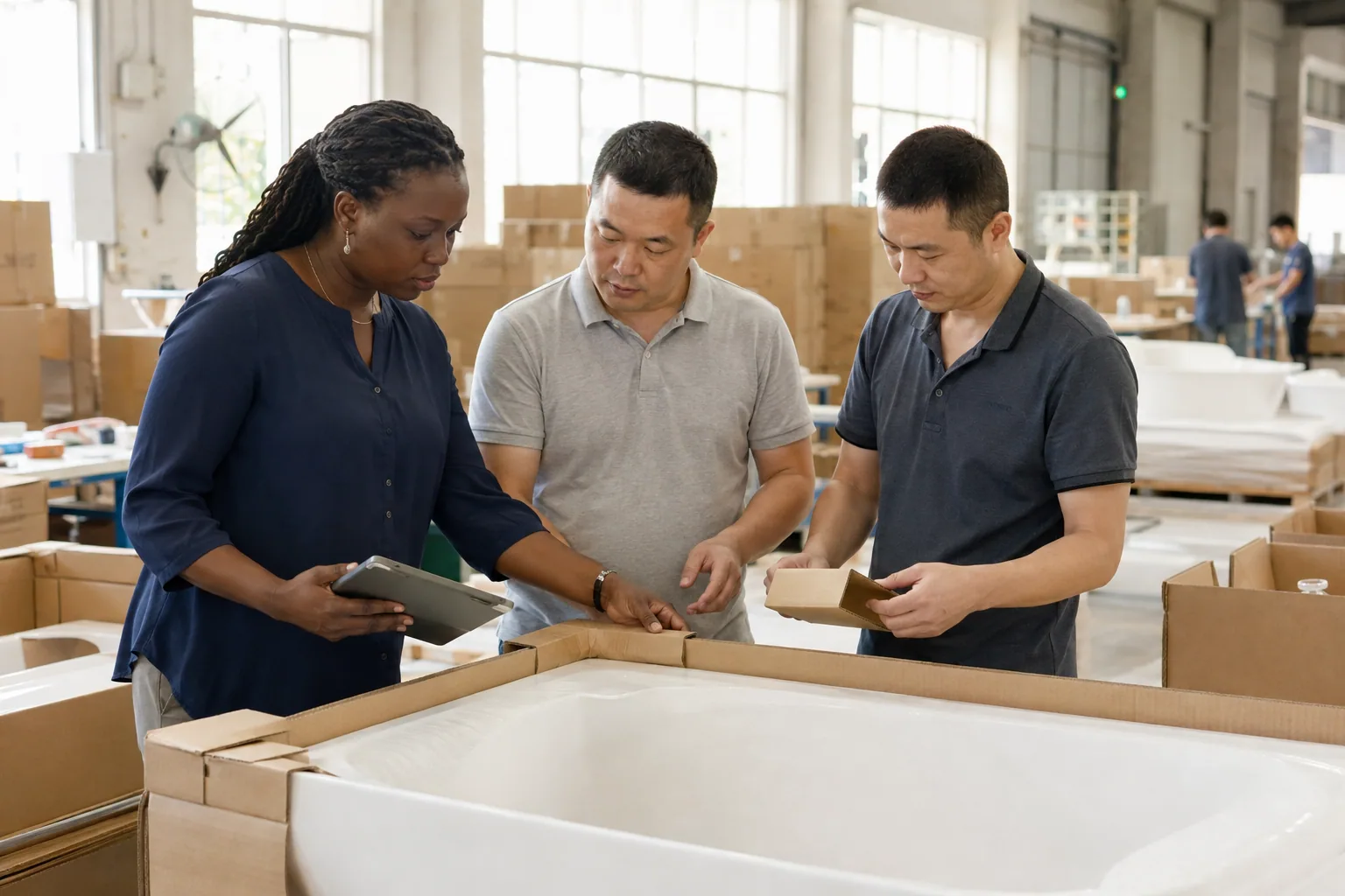 AI illustration of African buyers and Chinese factory staff inspecting protective packaging and cartons.
