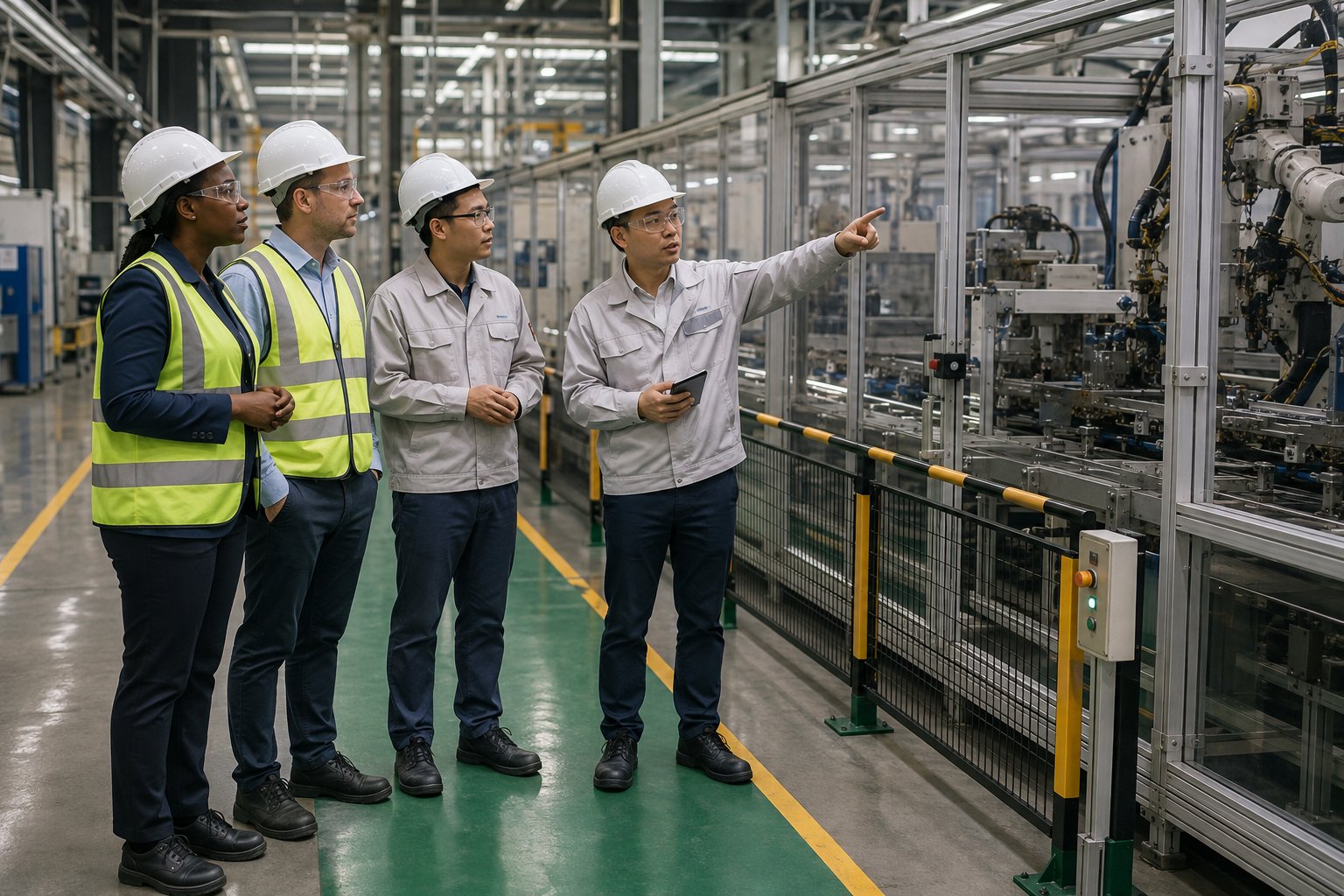 Illustrative scene of overseas buyers and Chinese engineers observing a guarded automated production line.