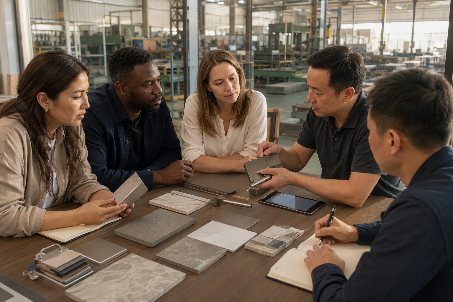 Illustrative scene of an international purchasing team and Chinese factory representatives discussing tile and hardware samples.