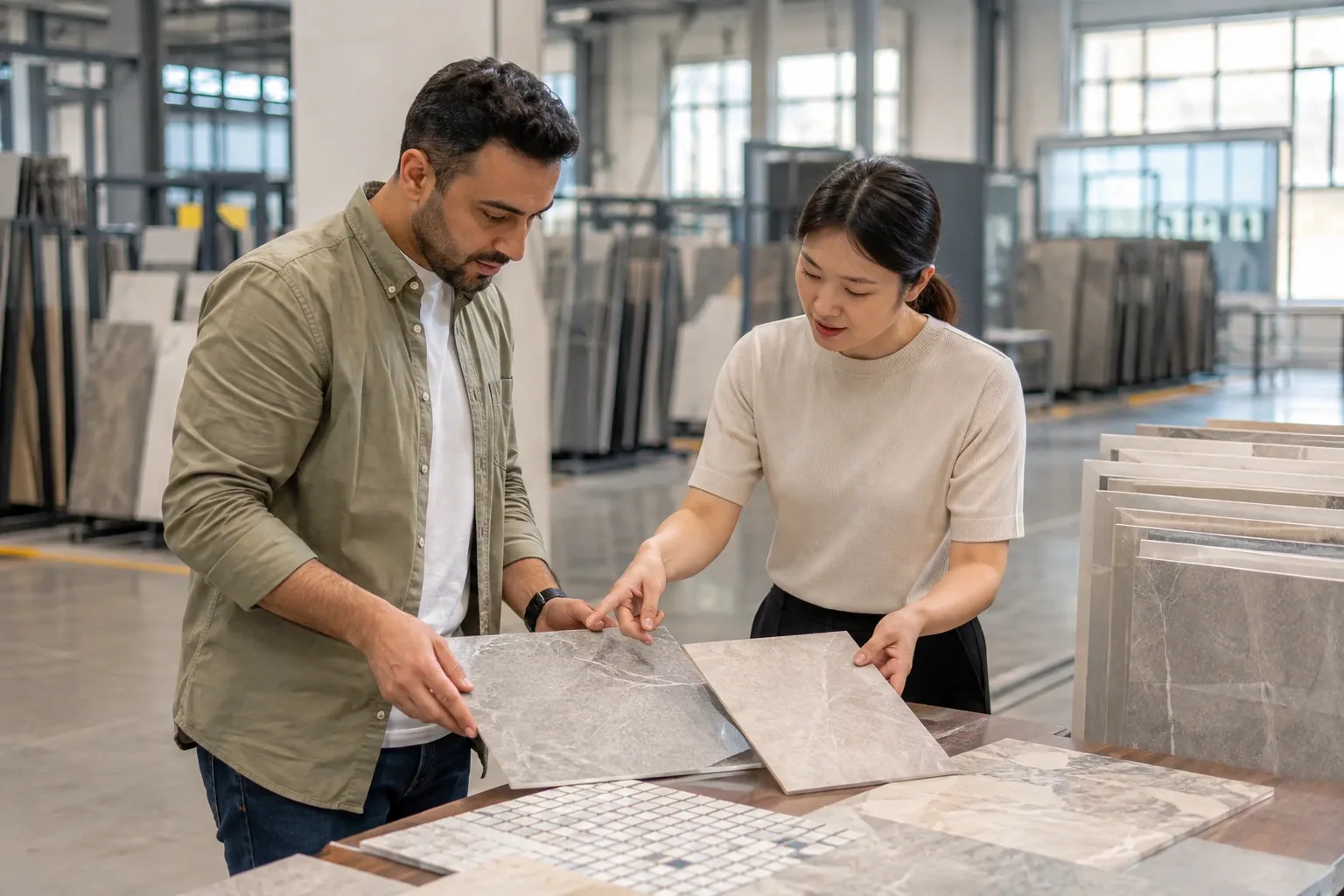 AI illustration of Middle Eastern buyers and Chinese factory staff comparing tile samples.