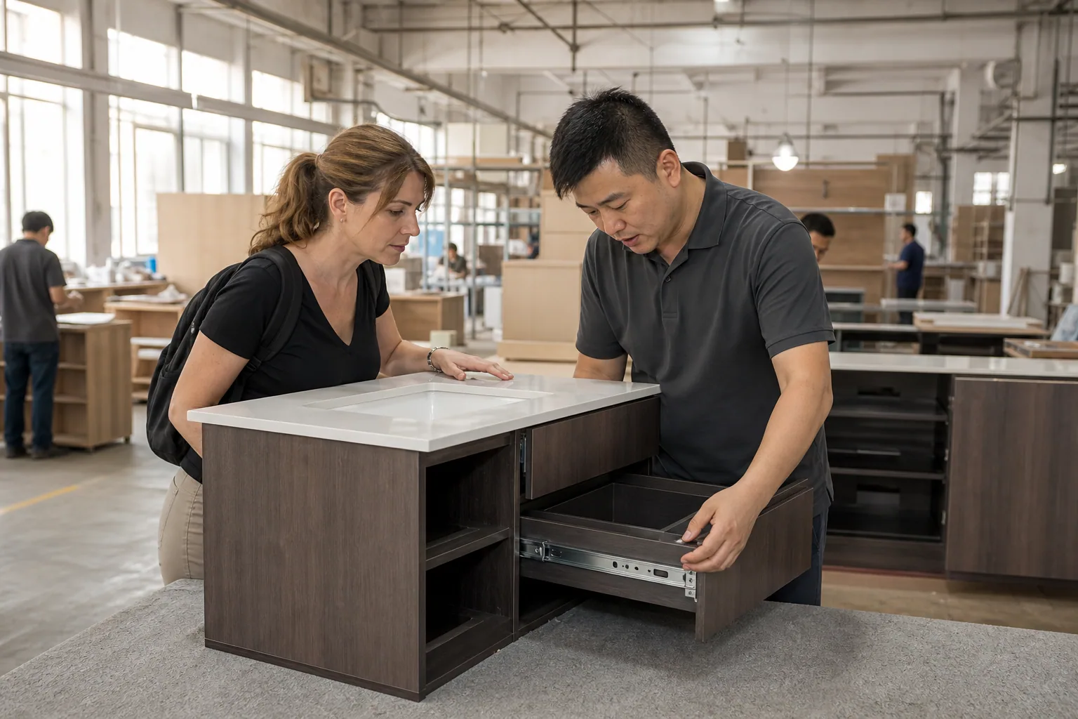 AI illustration of European buyers and Chinese factory staff checking bathroom vanity hinges and drawer runners.