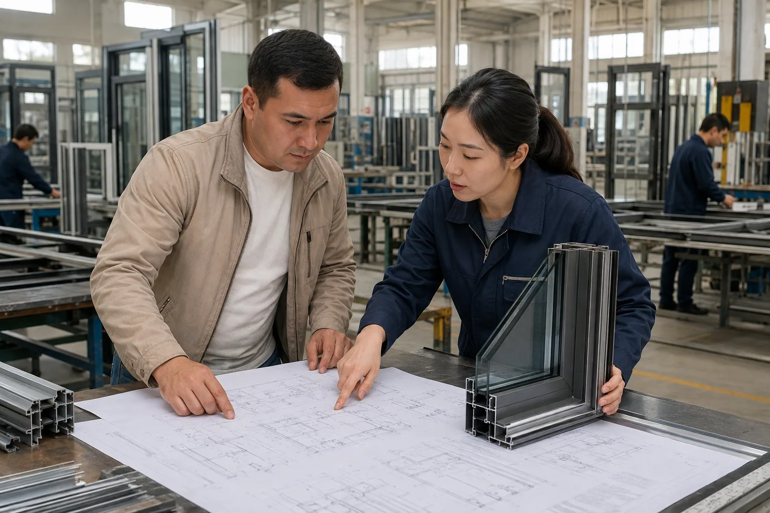 AI illustration of Central Asian buyers and Chinese engineers reviewing window and door drawings.