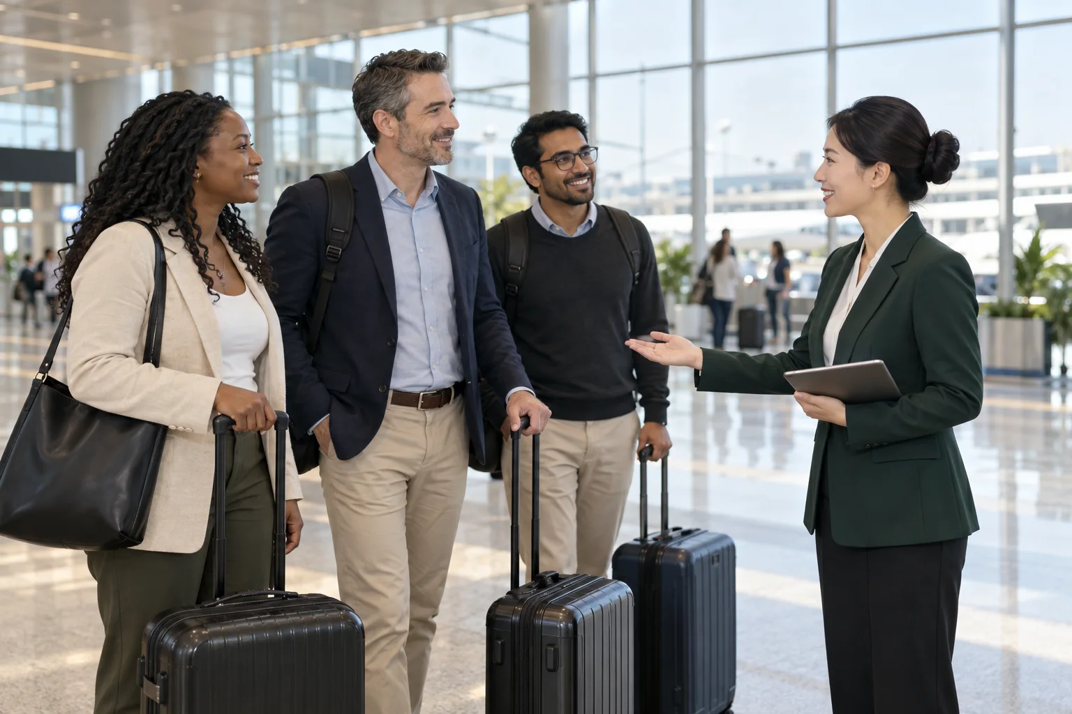 A reception coordinator meeting business travelers with luggage in an airport.