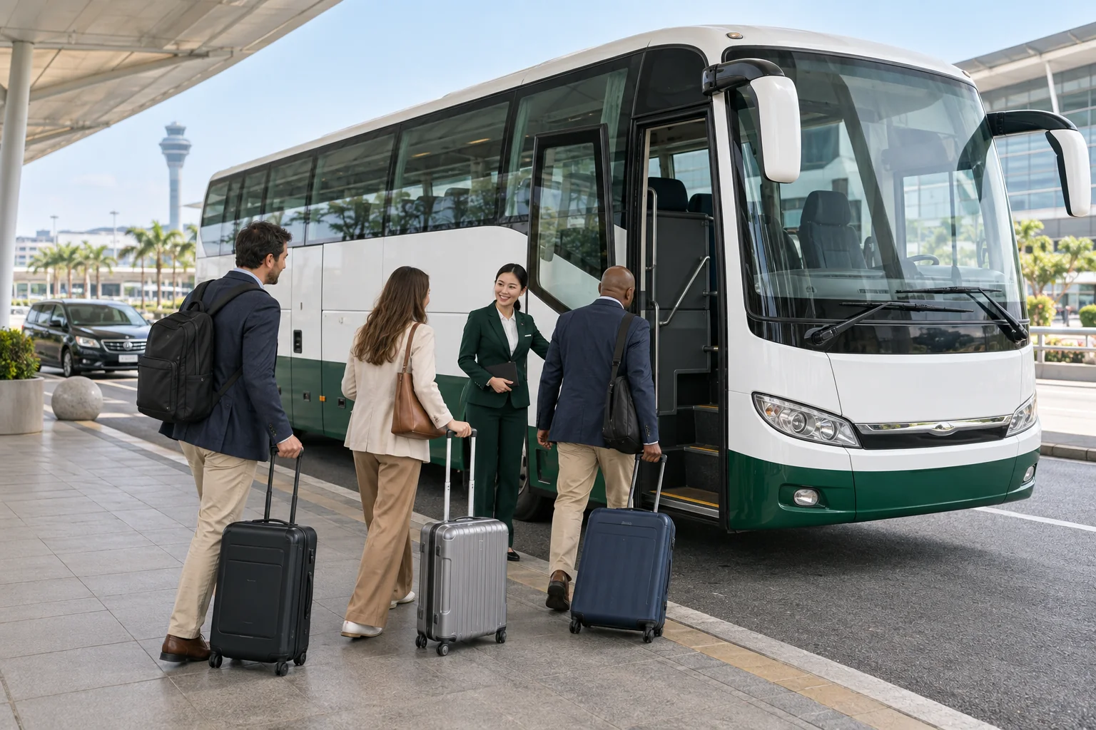 A group boarding a white and green coach at an airport.