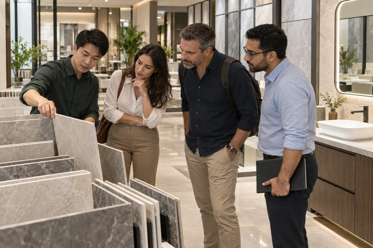 Buyers and a host examining tile samples in a bathroom showroom.